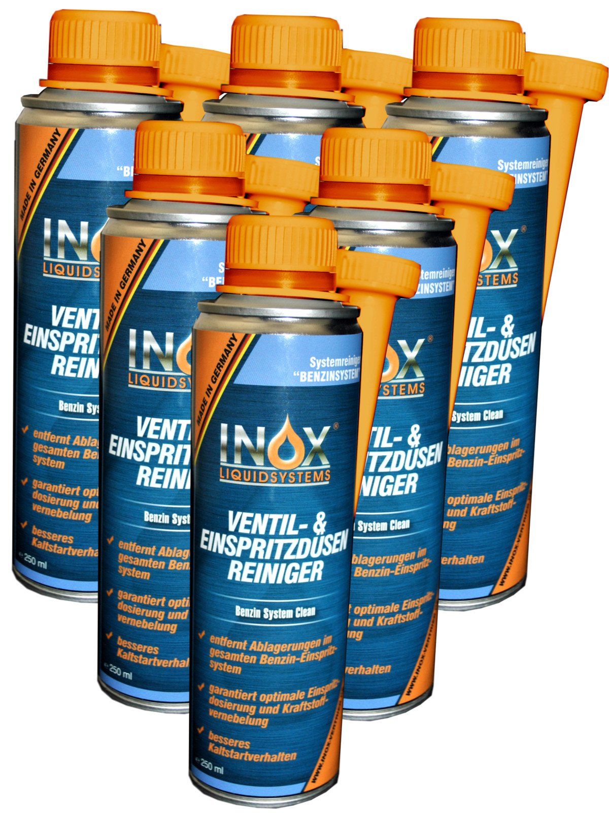 INOX® Ventil und Einspritzdüsenreiniger Additiv, 6 x 250 ml - Kraftstoffzusatz verbessert Motorleistung und Startverhalten, für alle Motoren mit Benzin-Einspritzsystem geeignet von INOX-LIQUIDSYSTEMS