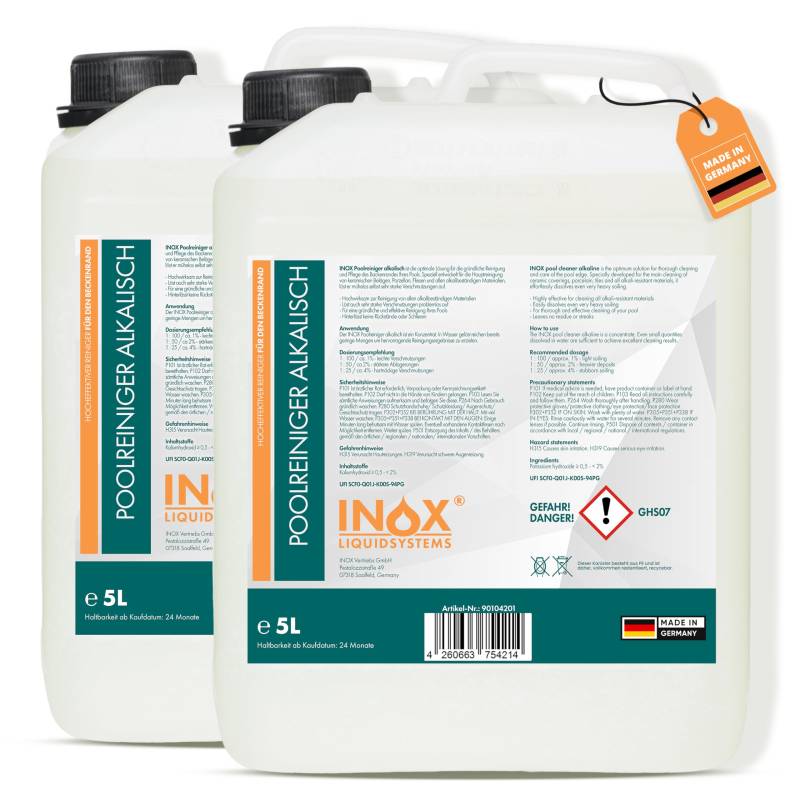 INOX® Pool Randreiniger alkalisch 2x5L | Hocheffektiver Beckenrandreiniger für Folienpools, Fliesen & Keramik | Poolrand Reiniger gegen Fett, Kalk & Schmutz | Rückstandsfreie Reinigung von INOX-LIQUIDSYSTEMS