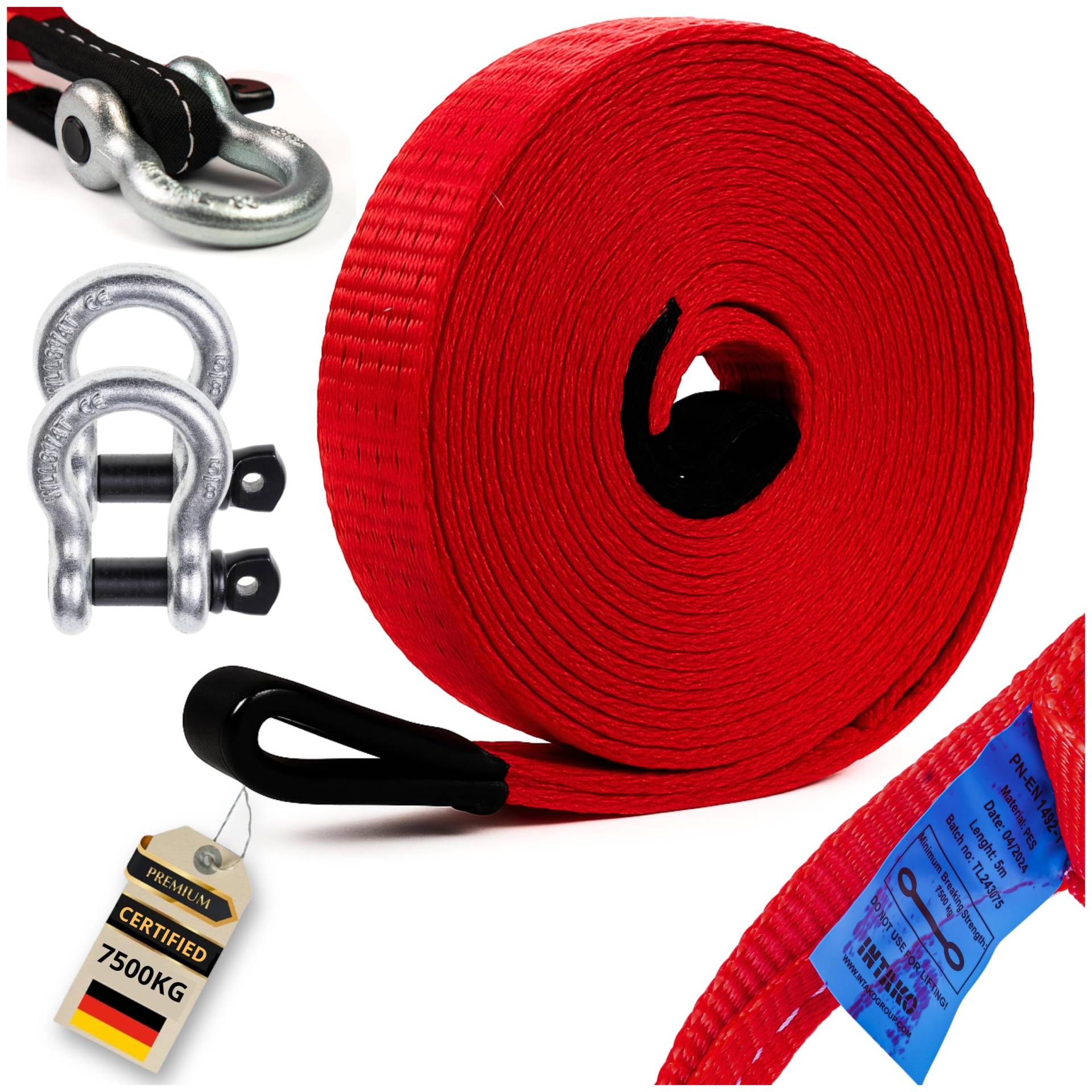 INTAKO Auto Abschleppseil PKW - 5 Meter (7500kg) Geprüft PN-EN 1492-1 - Abschleppschlaufe mit 2 Verstärkten Haken - Abschleppseile für LKW ATV Offroad von INTAKO