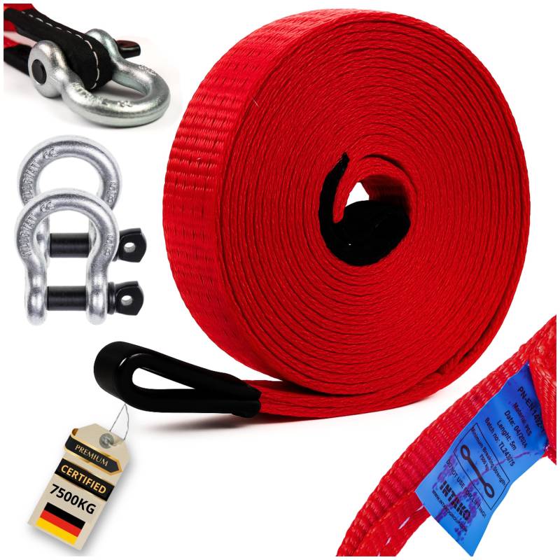 INTAKO Auto Abschleppseil PKW - 5 Meter (7500kg) Geprüft PN-EN 1492-1 - Abschleppschlaufe mit 2 Verstärkten Haken - Abschleppseile für LKW ATV Offroad von INTAKO