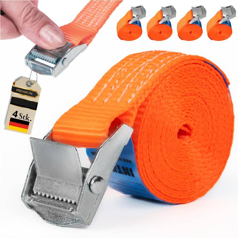 INTAKO Spanngurte mit Klemmschloss 25 mm x 250 kg - 4 Stück - DIN EN 12195-2 - Gurte zum Befestigen - Zurrgurt mit Schnellverschluss - Spannriemen - Gurtband für Fahrräder, Trolleys, Dachbox von INTAKO