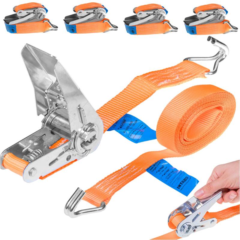 INTAKO 4X Spanngurte mit Ratsche und Haken 4m (3,5m + 0,5m) - 800kg 25mm - TÜV & DIN Geprüft - 2-teilig Zurrgurte, Ratschengurte, Spanngurt für Anhänger, Motorrad, Transport von INTAKO