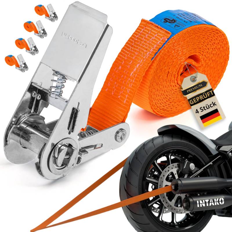 INTAKO 4 Stück Spanngurte mit Ratsche (4m oder 6m) - 800kg 25mm - TÜV & DIN Geprüft - Spanngurt, Zurrgurt klein einteilig - Ratschengurt für Motorrad von INTAKO