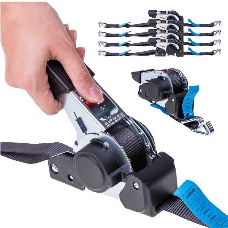 INTAKO 4 Stück Automatik Spanngurte 3m x 25mm - 600kg Zugkraft - Spanngurte mit Ratsche und J-Haken -Motorradtransport, Anhänger, Materialbefestigung von INTAKO