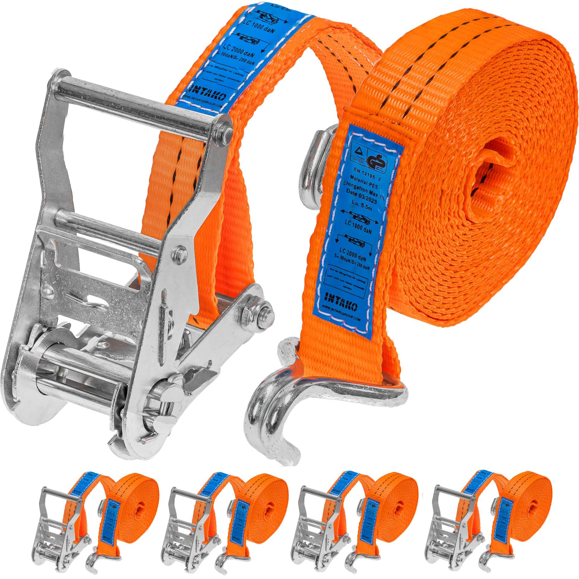 INTAKO Spanngurte mit Ratsche und Haken - 6m 2000kg 35mm - 4 Stück - Ratschen Set - Ratschengurt 2-Teilig - Zurrgurt Orange - TÜV GS Geprüft und gemäß DIN EN 12195-2 von INTAKO