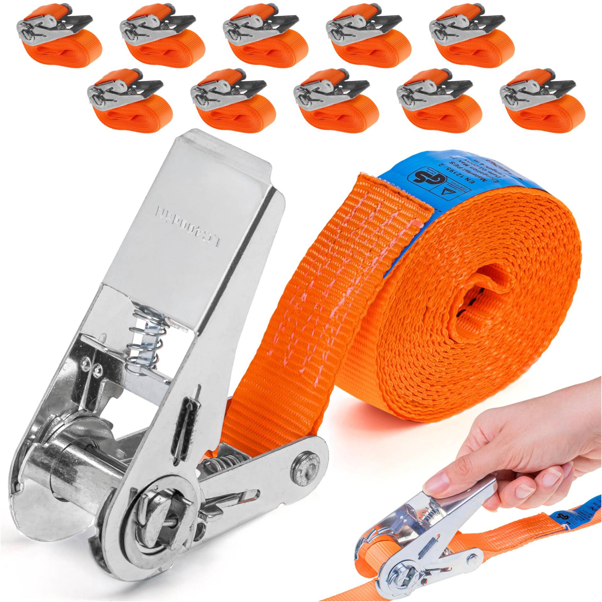 INTAKO Spanngurte Mit Ratsche - 4m x 800kg x 25mm - 10 Stück - TÜV GS Zertifiziert - Mini Zurrgurt Set - Kleine Spanngurte Einteilig 0,8t - Ratschengurt Orange 1-Teilig - DIN EN 12195-2 von INTAKO