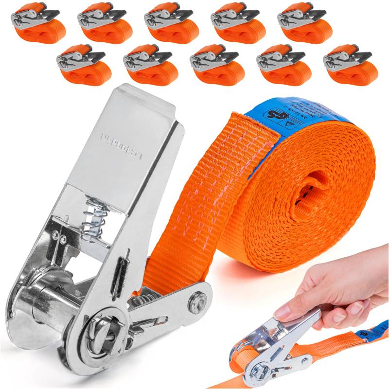 INTAKO 10 Stück Spanngurte mit Ratsche (4m oder 6m) - 800kg 25mm - TÜV & DIN Geprüft - Spanngurt, Zurrgurt Klein Einteilig - Ratschengurt für Motorrad von INTAKO