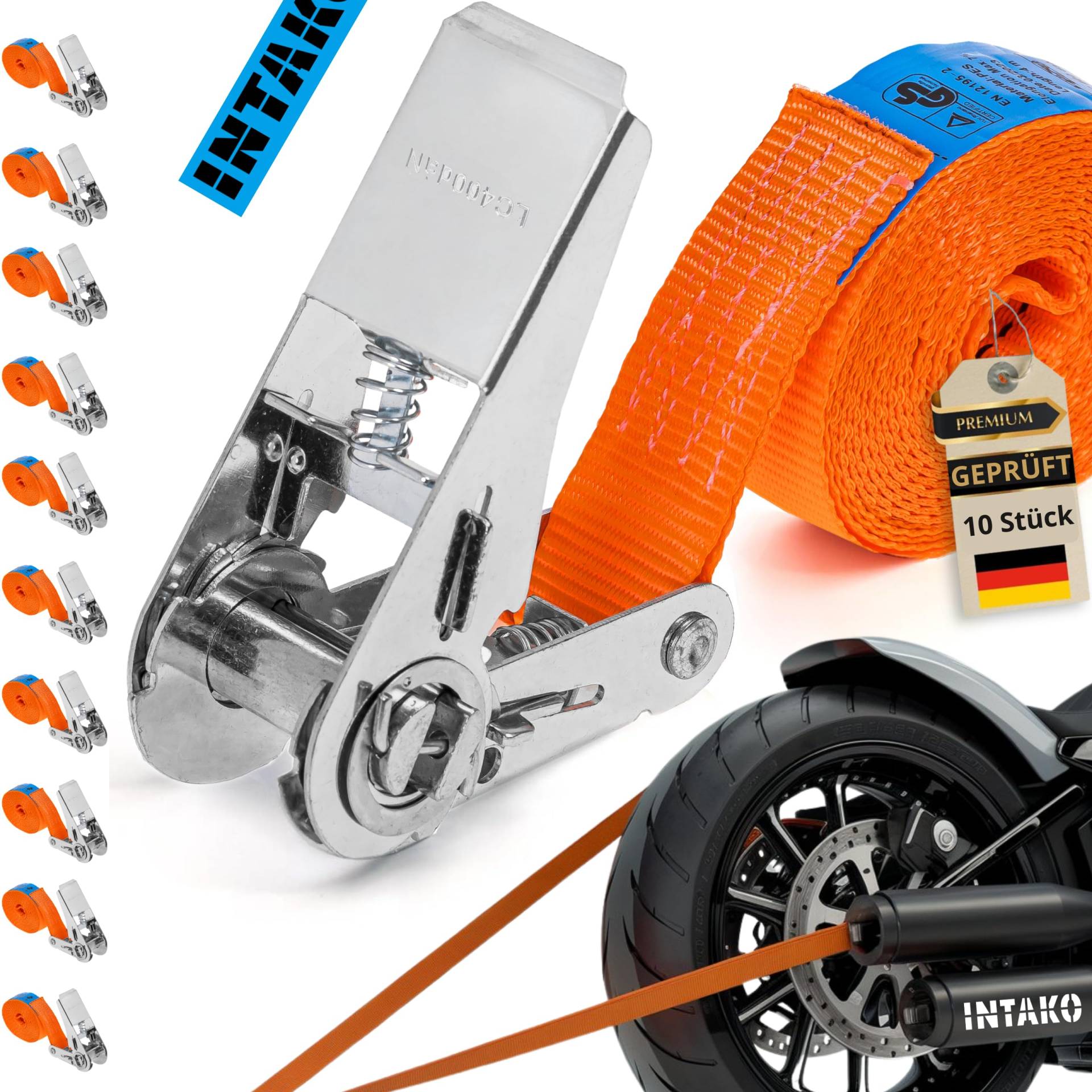 INTAKO 10 Stück Spanngurte mit Ratsche 4m oder 6m - 800kg x 25mm - TÜV & DIN geprüft - 1-teilig Spanngurt - Zurrgurte, Ratschengurte für Anhänger (6m) INTAKO 10 Stück Spanngurte mit Ratsche 4m oder 6m - 800kg x 25mm - TÜV & DIN geprüft - 1-teilig Spanngurt - Zurrgurte, Ratschengurte für Anhänger (6m) von INTAKO