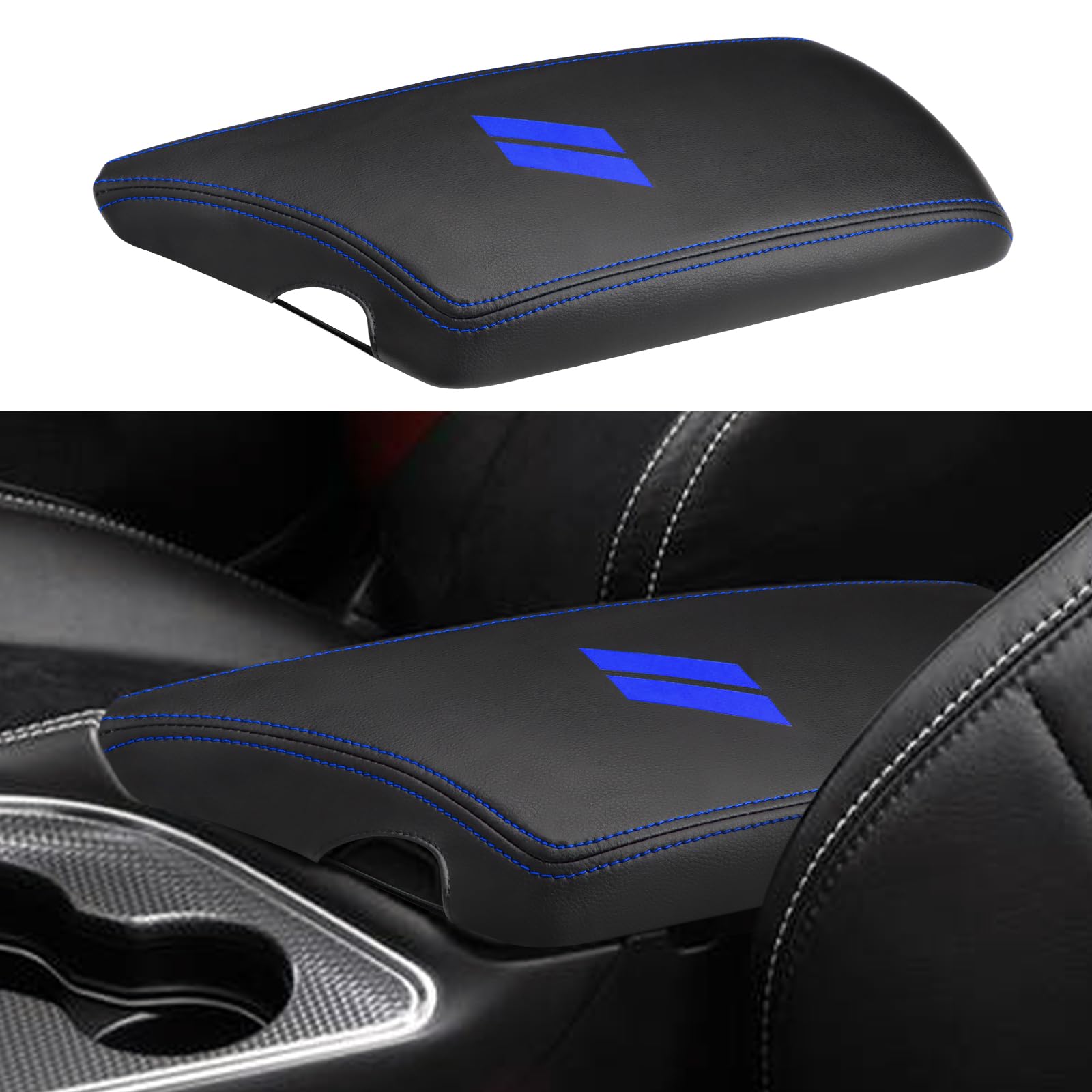 INTGET Auto-Mittelkonsolenabdeckung für Dodge Challenger 2023 2022 Zubehör 2021 2020 2019 2018 2017 2016 2015 Armlehnenabdeckung Innendeckel Schutz (blaue Nähte, PU-Leder) von INTGET