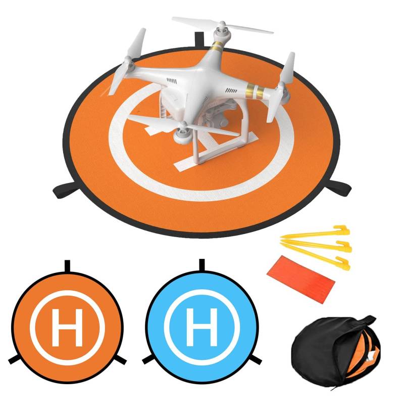 Intirilife 5 teiliges Set mit Drohnenlandeplatz und Zubehör Helikopterstartfläche aus Nylon in Orange - Blau mit 75cm Durchmesser - Für sicheres Starten und Landen von Drohnen von INTIRILIFE