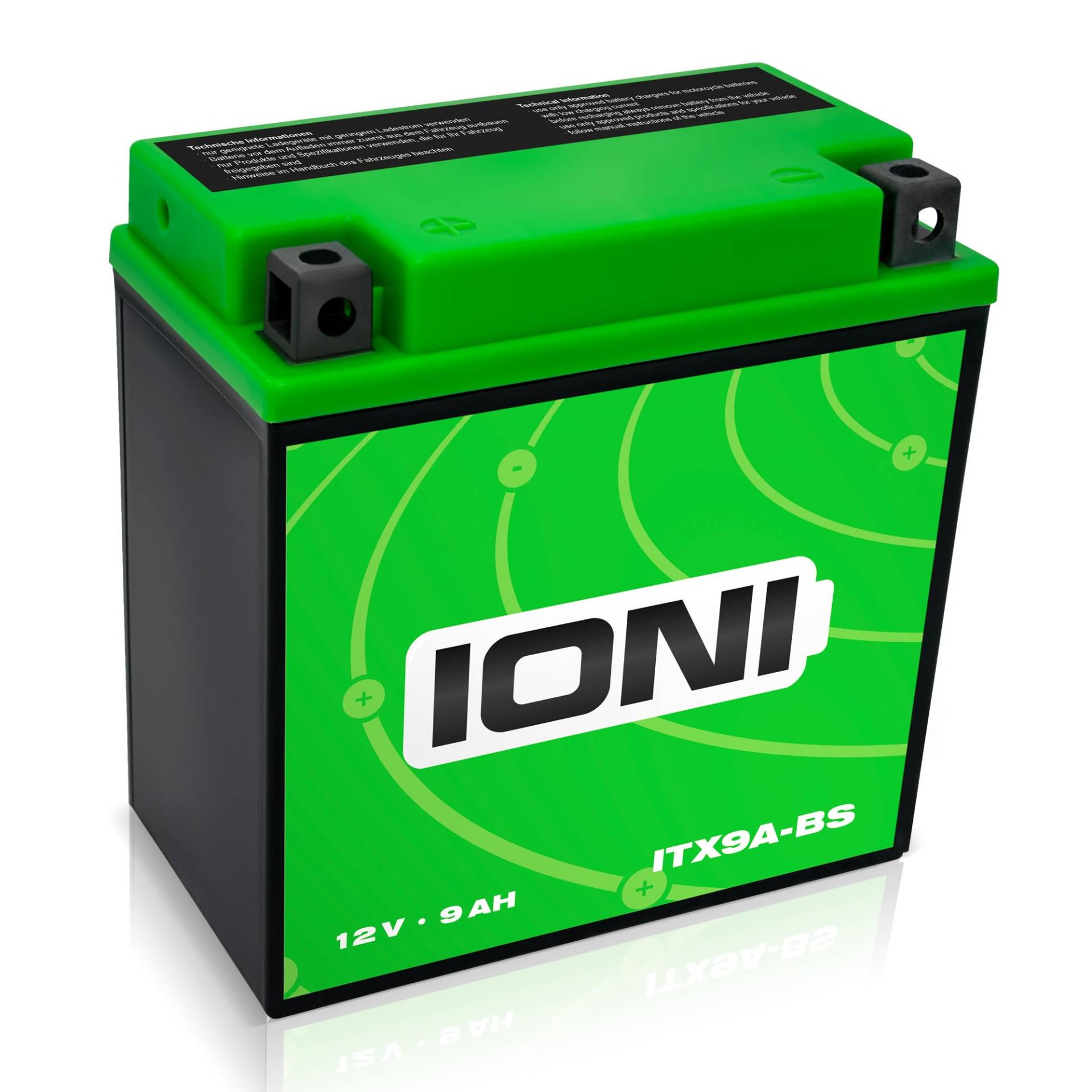 IONI AGM Batterie 12V 9Ah ITX9A-BS Rollerbatterie/Motorradbatterie, wartungsfrei versiegelt vorgeladen kompatibel mit YTZ7S MG7ZS YTZ7S-4 TTZ7S-B YB9-B YTX9A-BS IB9-B 50602 von IONI
