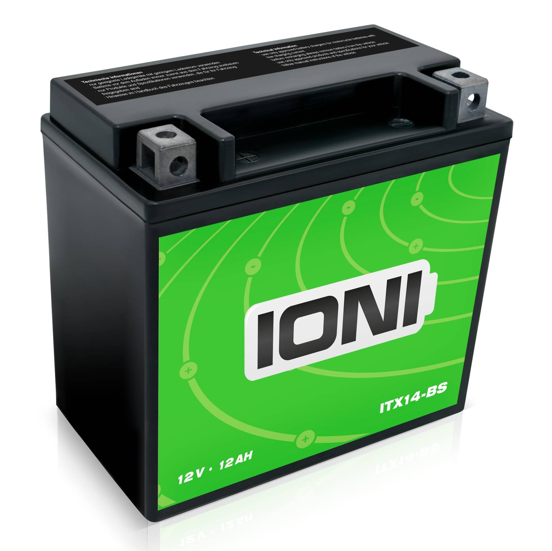 IONI ITX14-BS 12V 12Ah AGM Batterie kompatibel mit YTX14-BS versiegelt wartungsfrei vorgeladen Akkumulator Motorradbatterie von IONI