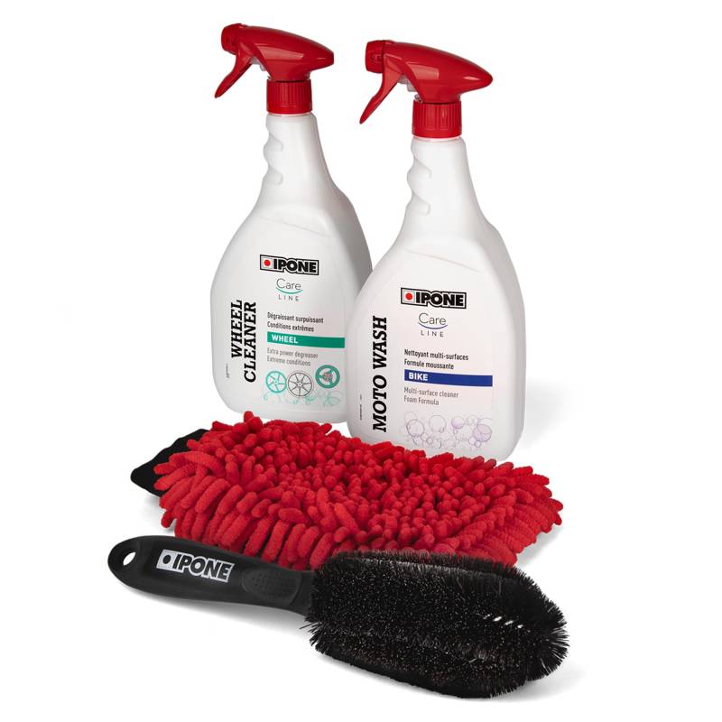 IPONE - Komplettes Motorrad-Reinigungsset - Cleaning Kit - Moto Wash 1L + Wheel Cleaner 1L + Mikrofaser-Waschhandschuh + Felgenbürste von IPONE