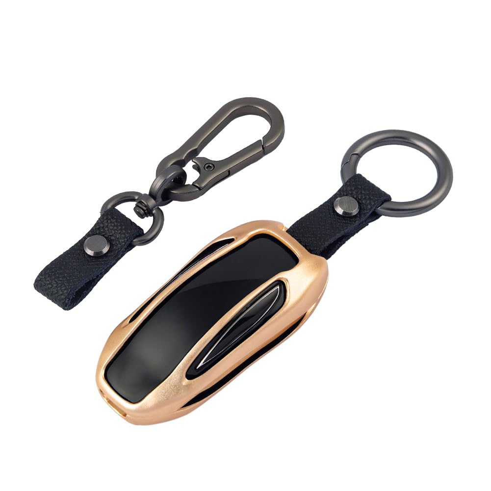 ISDORE Premium Schlüsselhülle für Tesla Modell X– Flugzeug-Aluminium Flip Schlüsselhülle mit Leder-Schlüsselanhänger – Schlüsselanhänger-Halter passend für Tesla (Modell X, Gold) von ISDORE