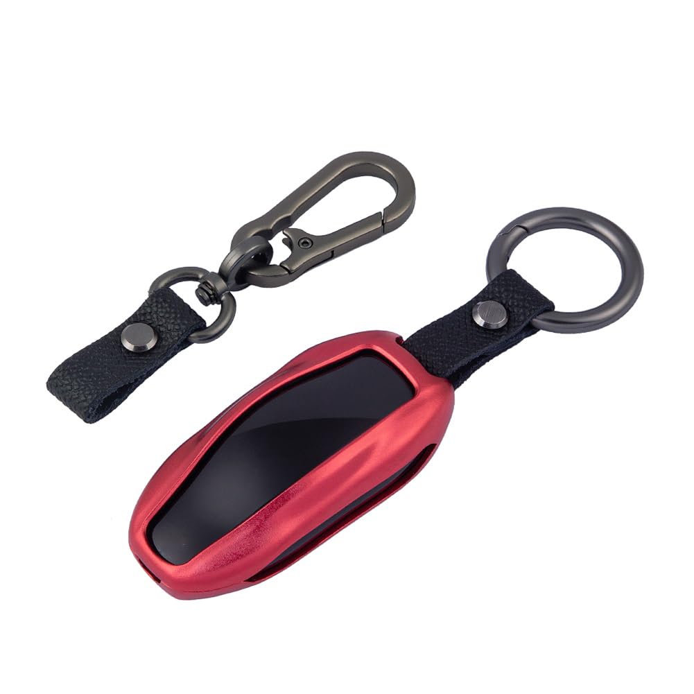 Premium Tesla Schlüsselhülle für Modell S & Modell 3 – Flugzeug-Aluminium Flip Schlüsselhülle mit Leder-Schlüsselanhänger – Schlüsselanhängerhalter kompatibel mit Tesla Model S & Model 3 rot von ISDORE