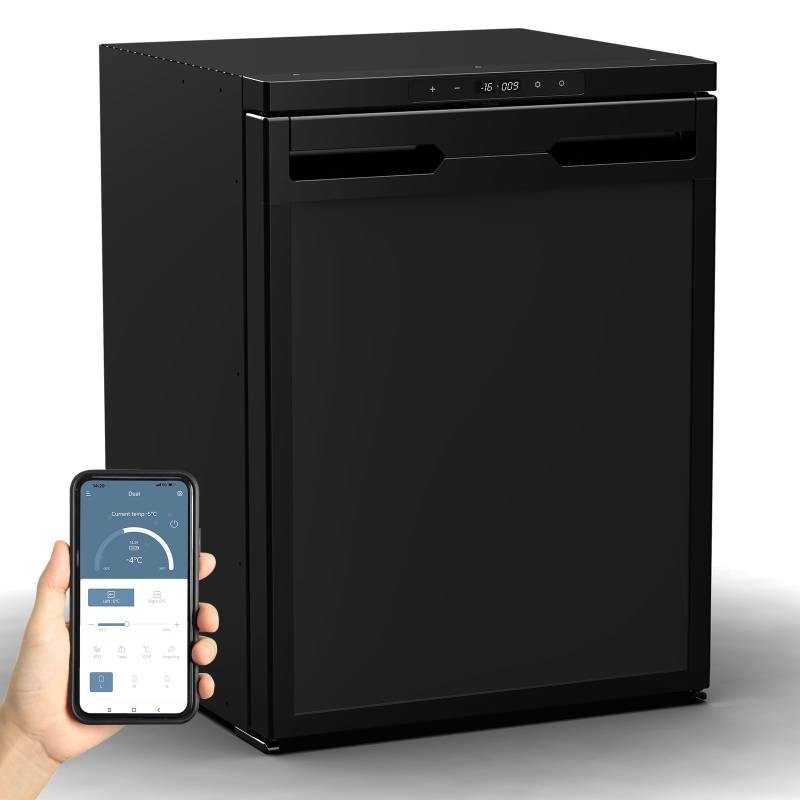 Kompressor Kühlbox 65L, Zwei Kammern Gefrierbox, Wohnwagen Kühlbox mit APP-Steuerung, 12/24V DC, 220-240V AC, Kühlbox Auto mit LED-Leuchten, bis -20℃ Kühlbox Elektrisch für Auto, Boot, Wohnmobil von ISINEVER