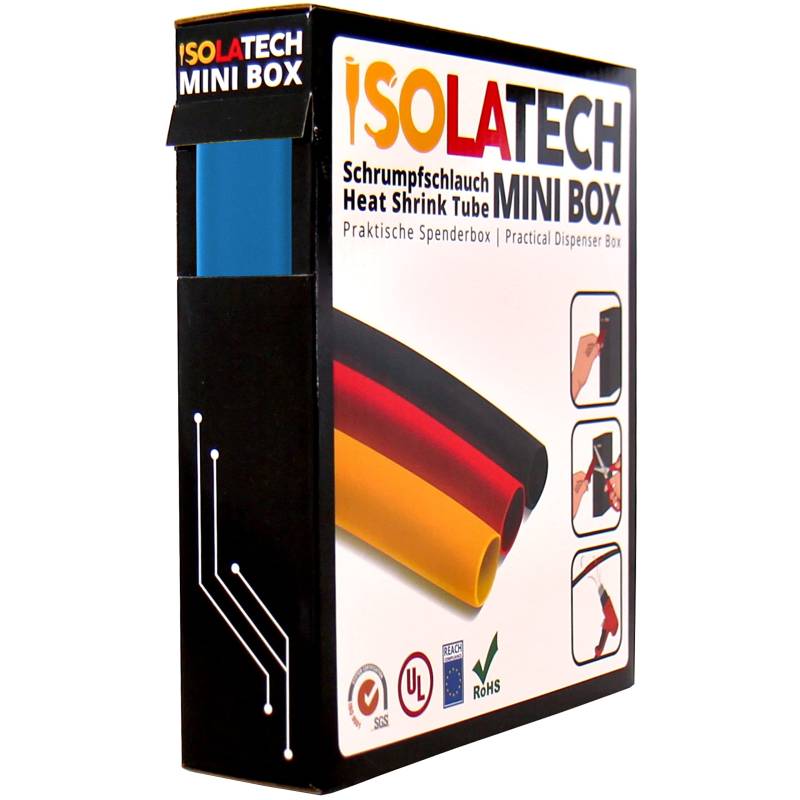 ISOLATECH Schrumpfschlauch 2:1 Mini Box ohne Kleber blau Ø19,1mm 5 Meter UV beständig Meterware unbeschriftet Rolle in praktischer Spenderbox von ISOLATECH
