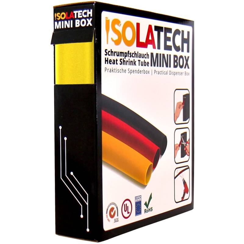 ISOLATECH Schrumpfschlauch 2:1 Mini Box ohne Kleber gelb Ø6,4mm 10 Meter UV beständig Meterware unbeschriftet Rolle in praktischer Spenderbox von ISOLATECH
