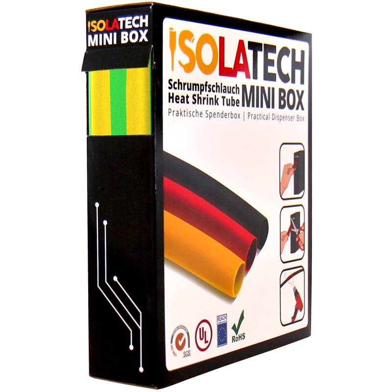 ISOLATECH Schrumpfschlauch 2:1 Mini Box ohne Kleber gelb grün gestreift Erdung Ø25,4mm 4 Meter UV beständig Meterware unbeschriftet Rolle in praktischer Spenderbox von ISOLATECH