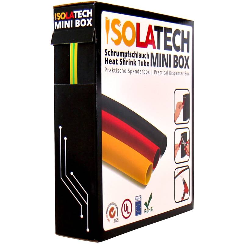 ISOLATECH Schrumpfschlauch 2:1 Mini Box ohne Kleber gelb grün gestreift Erdung Ø4,8mm 11 Meter UV beständig Meterware unbeschriftet Rolle in praktischer Spenderbox von ISOLATECH