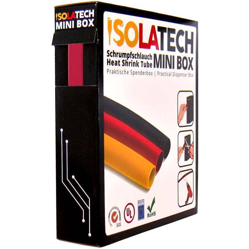 ISOLATECH Schrumpfschlauch 2:1 Mini Box ohne Kleber rot Ø9,5mm 7 Meter UV beständig Meterware unbeschriftet Rolle in praktischer Spenderbox von ISOLATECH