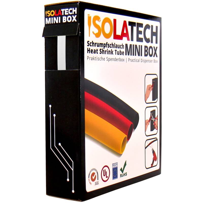 ISOLATECH Schrumpfschlauch 2:1 Mini Box ohne Kleber weiß Ø6,4mm 10 Meter UV beständig Meterware unbeschriftet Rolle in praktischer Spenderbox von ISOLATECH