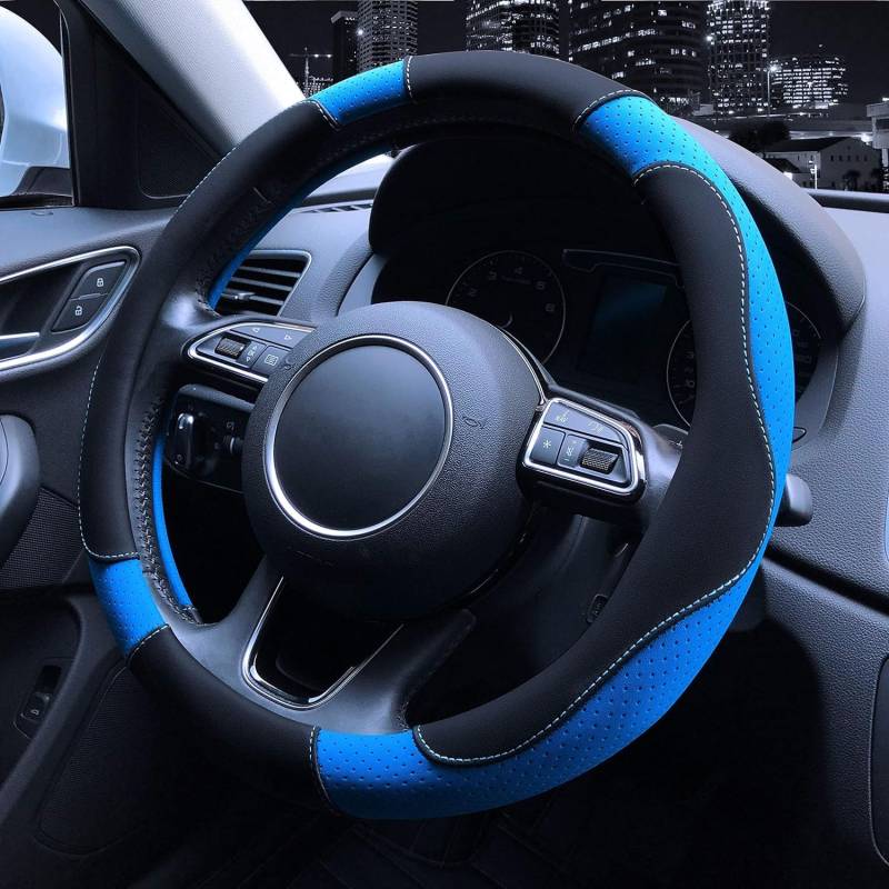 Istn Unisex Sport Stil Kontrast Farbe rutschfeste Schweiß Gute atmungsaktive PU Kunstleder 38 cm Auto Lenkrad Abdeckung (Blau) von ISTN