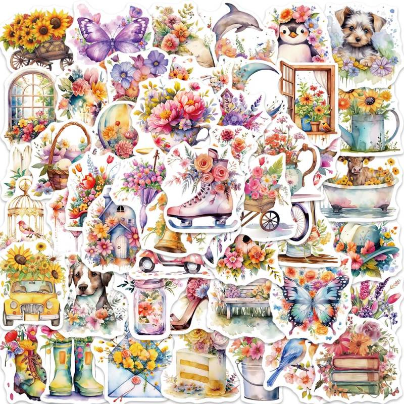 ITOMUFD Blumen Sticker Set Aufkleber Jugendliche Erwachsene 50 Stück Flower Wasserfeste Vinyl Decals Auto Motorräder Fahrrad Skateboard Snowboard Gepäck Laptop Koffer Helm Motorrad Computer von ITOMUFD