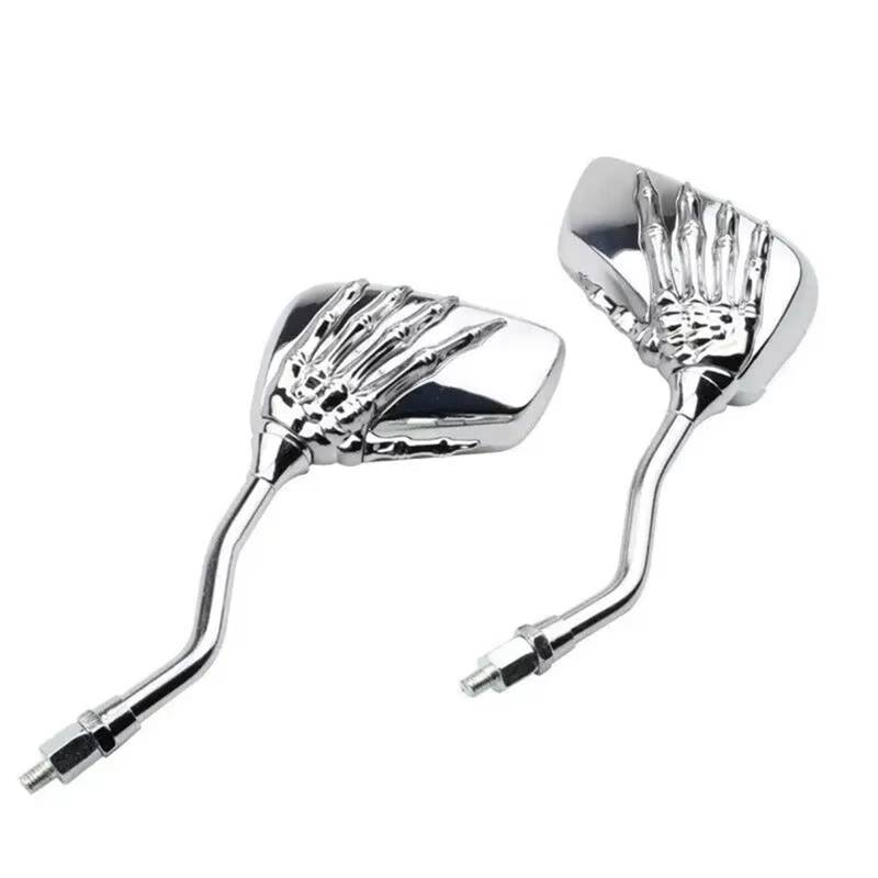 Motorrad Seitenspiegel 2X Chrom Motorrad Totenkopf Hand Seitenspiegel 8MM 10MM Motorrad Rückspiegel(Silber) von IUKMR