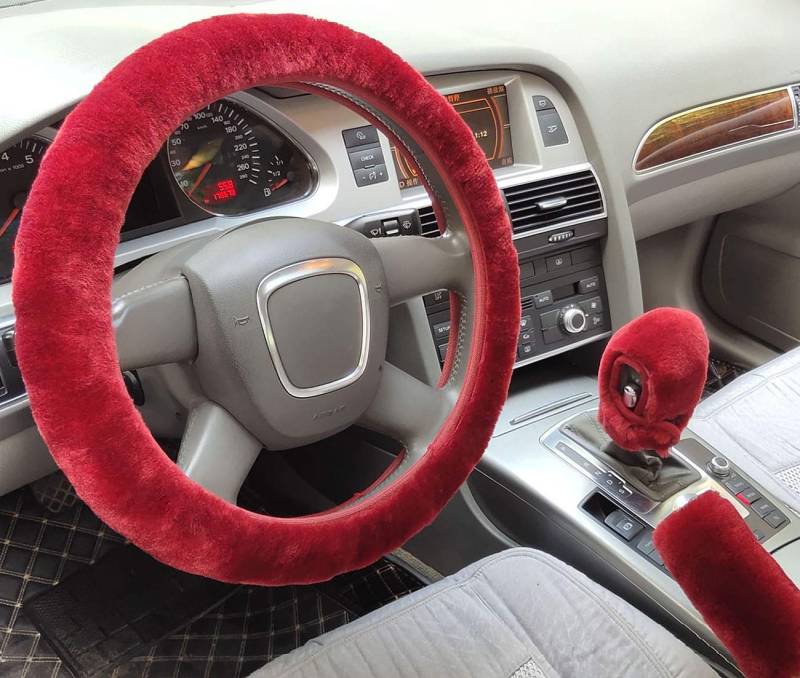 IXITON 3 Stück weiche Kunstwolle Plüsch Lenkradabdeckung, Universelle Verdickung Warmes rutschfestes Auto-Interieur, Flauschige Handbremsabdeckung und Schaltabdeckung (Automatic,Wine red) von IXITON