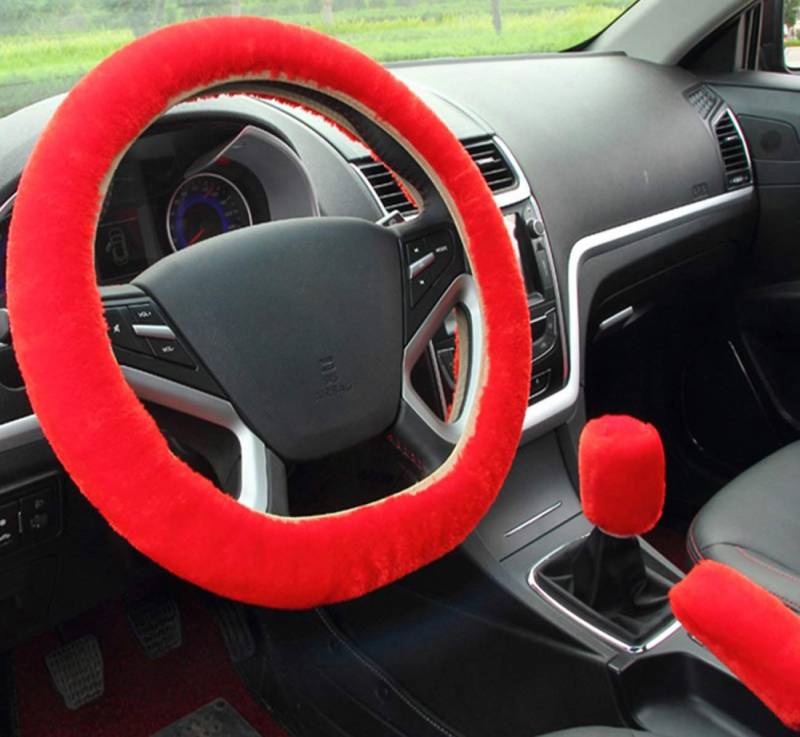 IXITON 3 Stück weiche Kunstwolle Plüsch Lenkradabdeckung, Universelle Verdickung Warmes rutschfestes Auto-Interieur, Flauschige Handbremsabdeckung und Schaltabdeckung (Manual,red) von IXITON