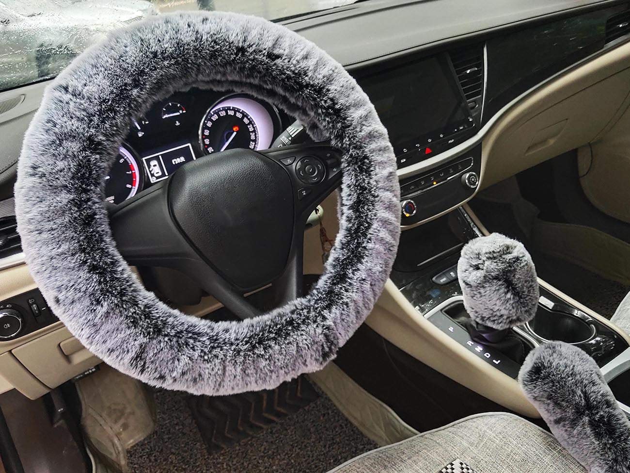 IXITON Winter Warm Fluffy Furry Fuzzy Auto Lenkradhüllen,Universal Verdickung Kunstpelz Plüsch Auto Lenkabdeckungen+Schalthebelabdeckungen+Handbremsabdeckungen -3 Stück/Set (Black Gray) von IXITON