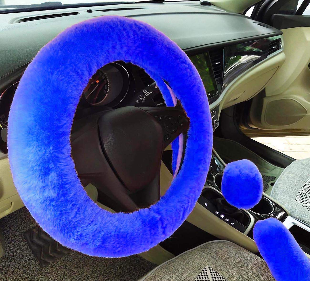 IXITON Winter Warm Fluffy Furry Fuzzy Auto Lenkradhüllen,Universal Verdickung Kunstpelz Plüsch Auto Lenkabdeckungen+Schalthebelabdeckungen+Handbremsabdeckungen -3 Stück/Set (Blue) von IXITON