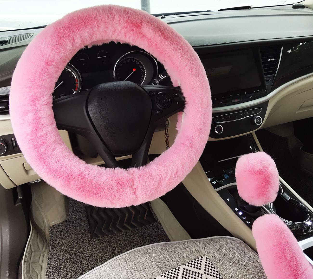 Winter Warm Fluffy Furry Fuzzy Auto Lenkradhüllen,Universal Verdickung Kunstpelz Plüsch Auto Lenkabdeckungen+Schalthebelabdeckungen+Handbremsabdeckungen -3 Stück/Set (pink) von IXITON
