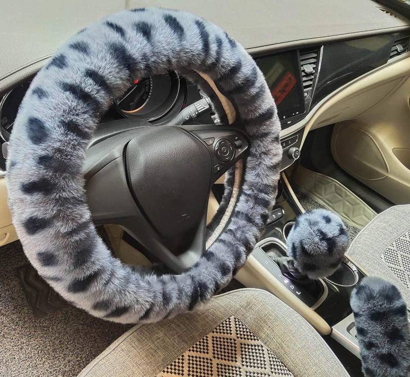 Winter Warm Fluffy Furry Fuzzy Auto Lenkradhüllen,Universal Verdickung Kunstpelz Plüsch Auto Lenkabdeckungen+Schalthebelabdeckungen+Handbremsabdeckungen -3 Stück/Set (Gray Leopard) von IXITON
