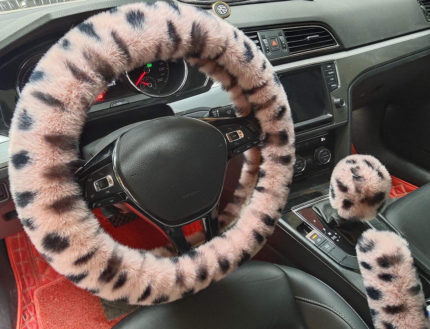 Winter Warm Fluffy Furry Fuzzy Auto Lenkradhüllen,Universal Verdickung Kunstpelz Plüsch Auto Lenkabdeckungen+Schalthebelabdeckungen+Handbremsabdeckungen -3 Stück/Set (pink Leopard) von IXITON