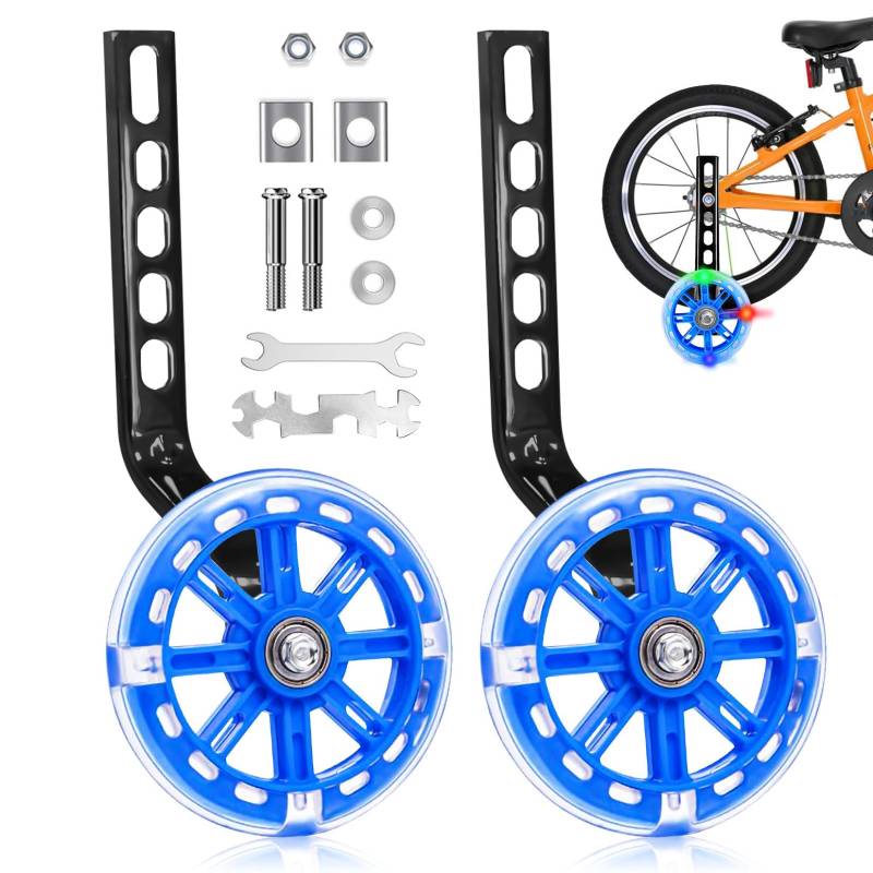Idota Stützräder, Fahrrad Stützräder Kinderfahrrad Hilfsräder für Kinder mit Mute Flash Räder Einstellbare Sicherheitsstützräder Universal Hilfsräder für 12 14 16 18 20 Zoll Single Speed Bike - Blau von Idota