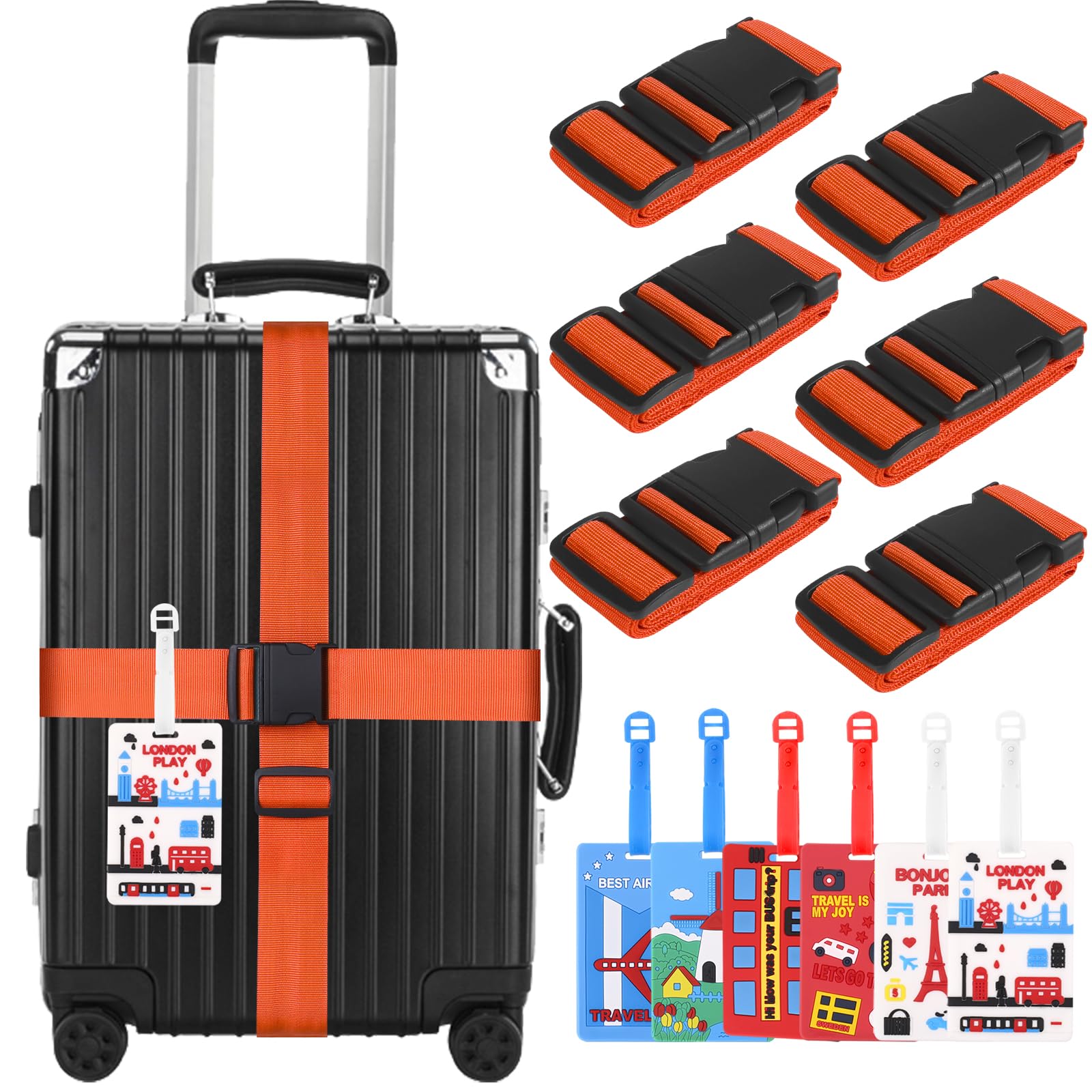 6-Stück Koffergurt Set: Kofferband Gurt Gepäckband, mit 6 Kofferanhänger Gepäckgurte für Tasche Sicher Reisen Einstellbare Kofferbänder, Auffällig Luggage Strap für Koffer(Orange) von Idrese