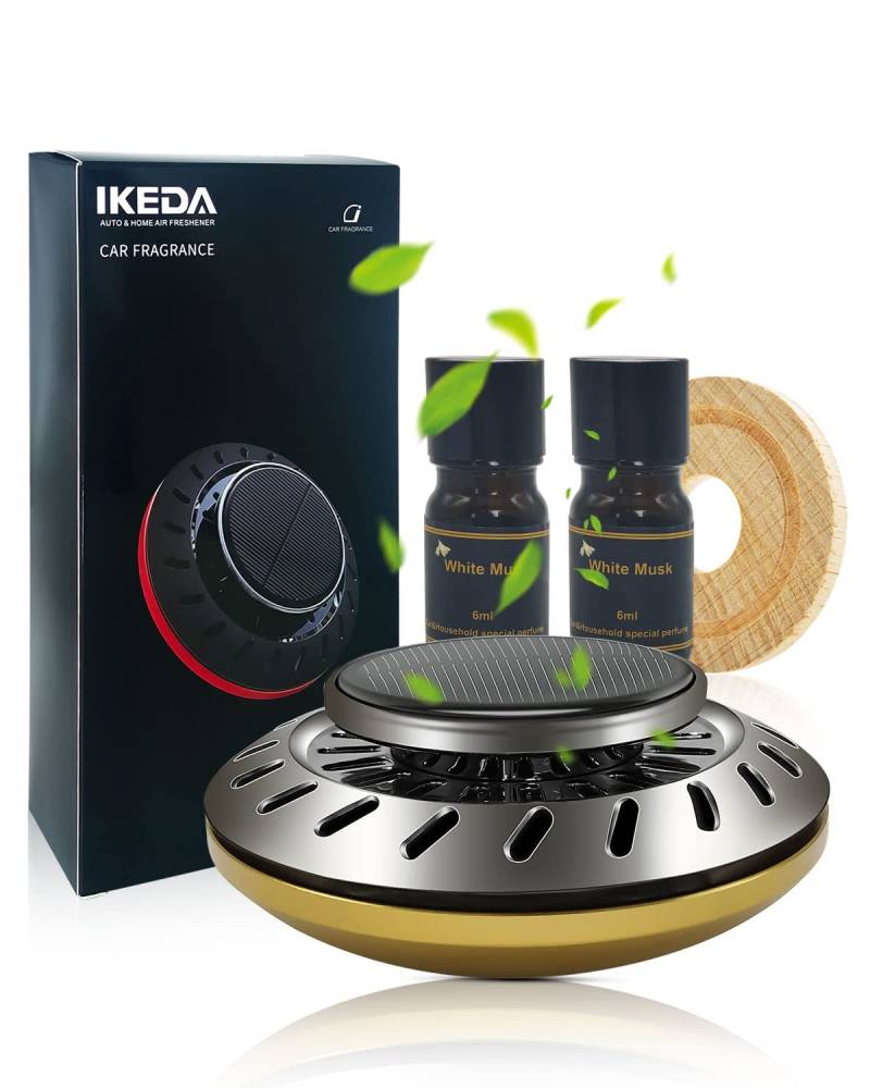 Auto Duft Lufterfrischer | Solarbetriebener Duft Parfüm Diffusor | Automatische Drehung Aromatherapie | 12ml Ätherisches Öl | 60 Tage Frischer Duft für Taxi, Büro, Zuhause (White Musk) von Ikeda scents