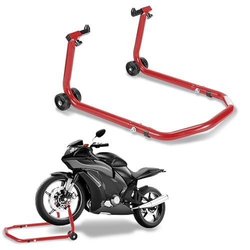 Ikodm 2X Montageständer Motorrad Ständer Motorradheber Vorne, Montagelift Frontständer, Aufbockvorrichtung, breitenverstellbar, Wartungs-/Montagearbeiten für Motorräder bis 300 kg, Rot von Ikodm