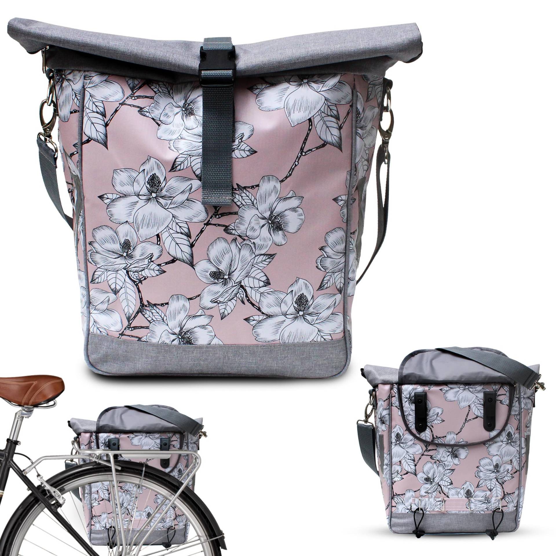 IKURI Fahrradtasche für Gepäckträger Satteltasche Einzeltasche Packtasche, abnehmbar, mit Tragegurt zum Umhängen, aus Plane, UNISEX, Wasserdicht - Modell Magnolia von Ikuri