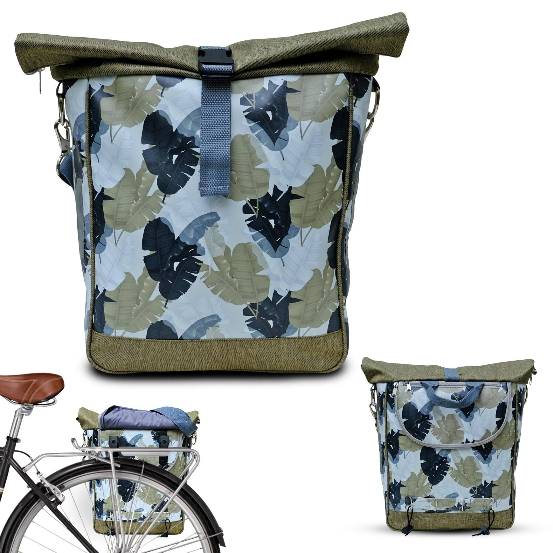 IKURI Fahrradtasche für Gepäckträger Satteltasche Einzeltasche Packtasche, abnehmbar, mit Tragegurt zum Umhängen, aus Plane, für Damen, Wasserdicht, Modell Plumas von Ikuri