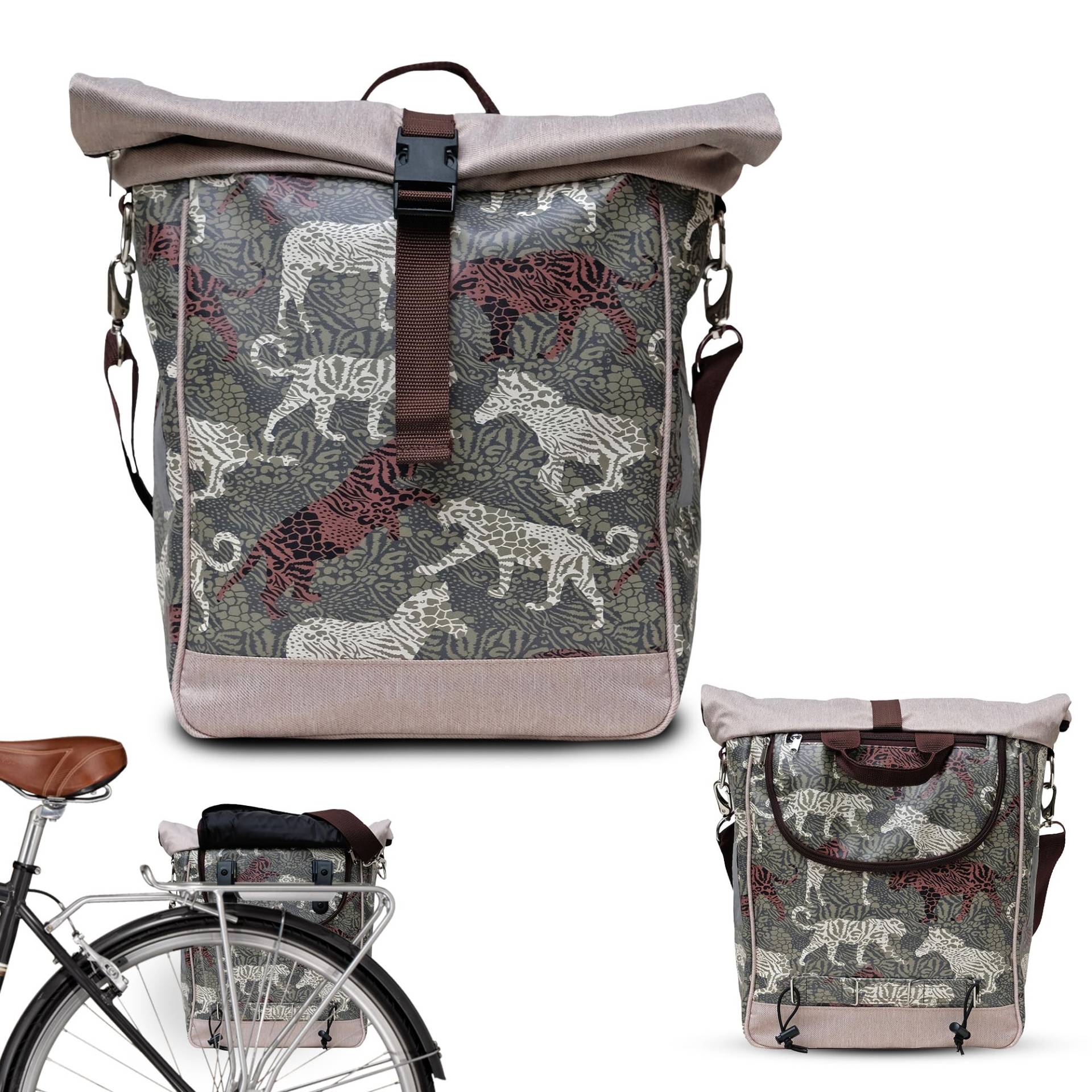 Ikuri Fahrradtasche für Gepäckträger Satteltasche Einzeltasche Packtasche, abnehmbar, mit Tragegurt zum Umhängen, aus Plane, Unisex, Wasserdicht - Modell Animals von Ikuri