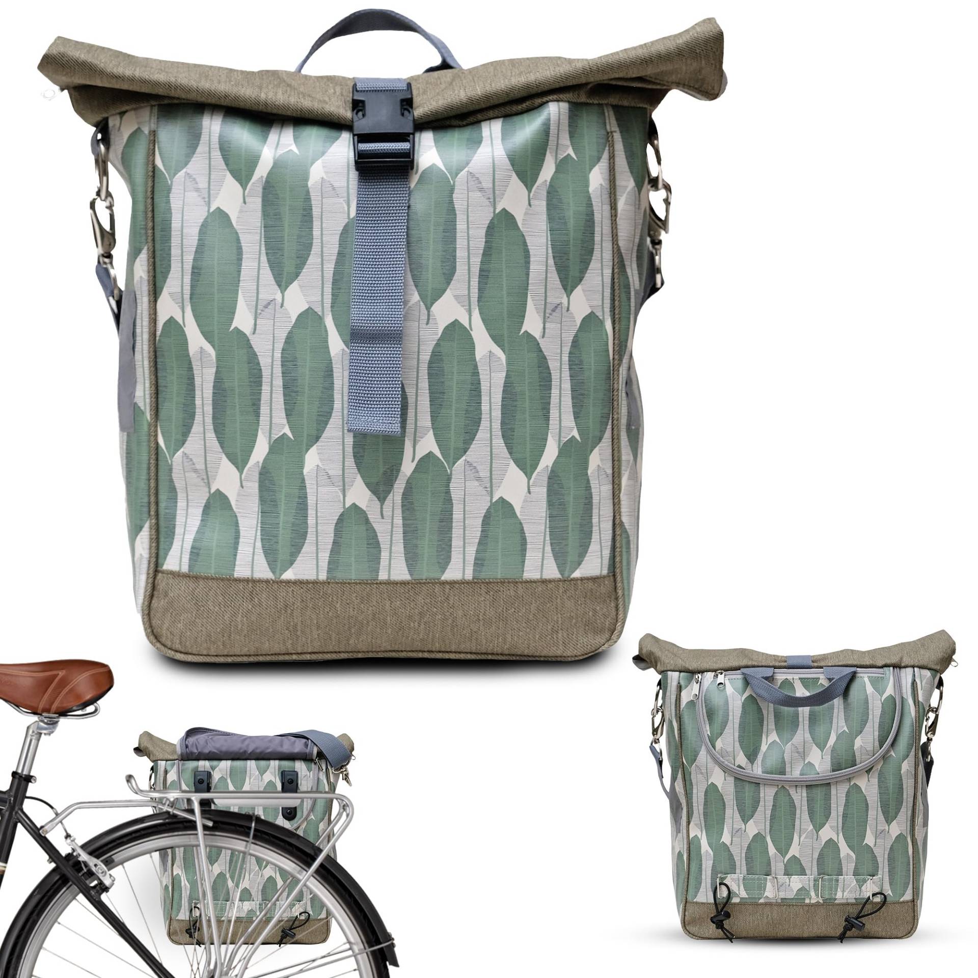 Ikuri Fahrradtasche für Gepäckträger Satteltasche Einzeltasche Packtasche, abnehmbar, mit Tragegurt zum Umhängen, aus Plane, Unisex, Wasserdicht - Modell Banana Leafs von Ikuri