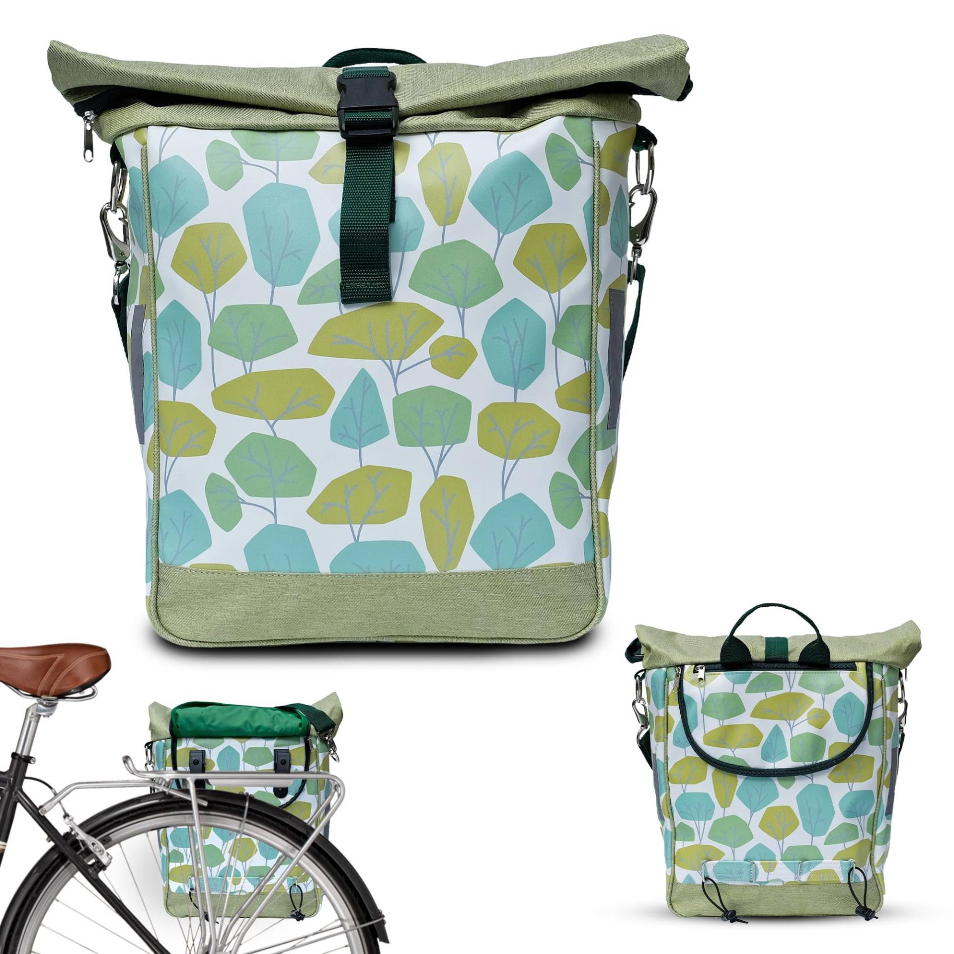 Ikuri einseitige Fahrradtasche für Gepäckträger Satteltasche Einzeltasche Packtasche, abnehmbar, mit Tragegurt zum Umhängen, aus Plane, Damen, wasserdicht - Modell Bosque von Ikuri