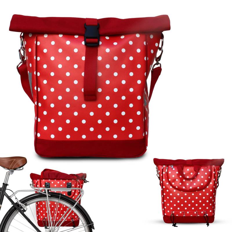 IKURI Fahrradtasche für Gepäckträger Satteltasche Einzeltasche Packtasche, abnehmbar, mit Tragegurt zum Umhängen, aus Plane, Wasserdicht, rot mit Punkten - Lunares rot von Ikuri