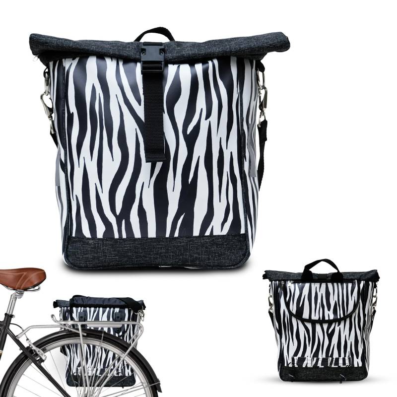 IKURI Fahrradtasche für Gepäckträger Satteltasche Einzeltasche Packtasche, abnehmbar, mit Tragegurt zum Umhängen, aus Plane, UNISEX, Wasserdicht - Model Zebra von Ikuri