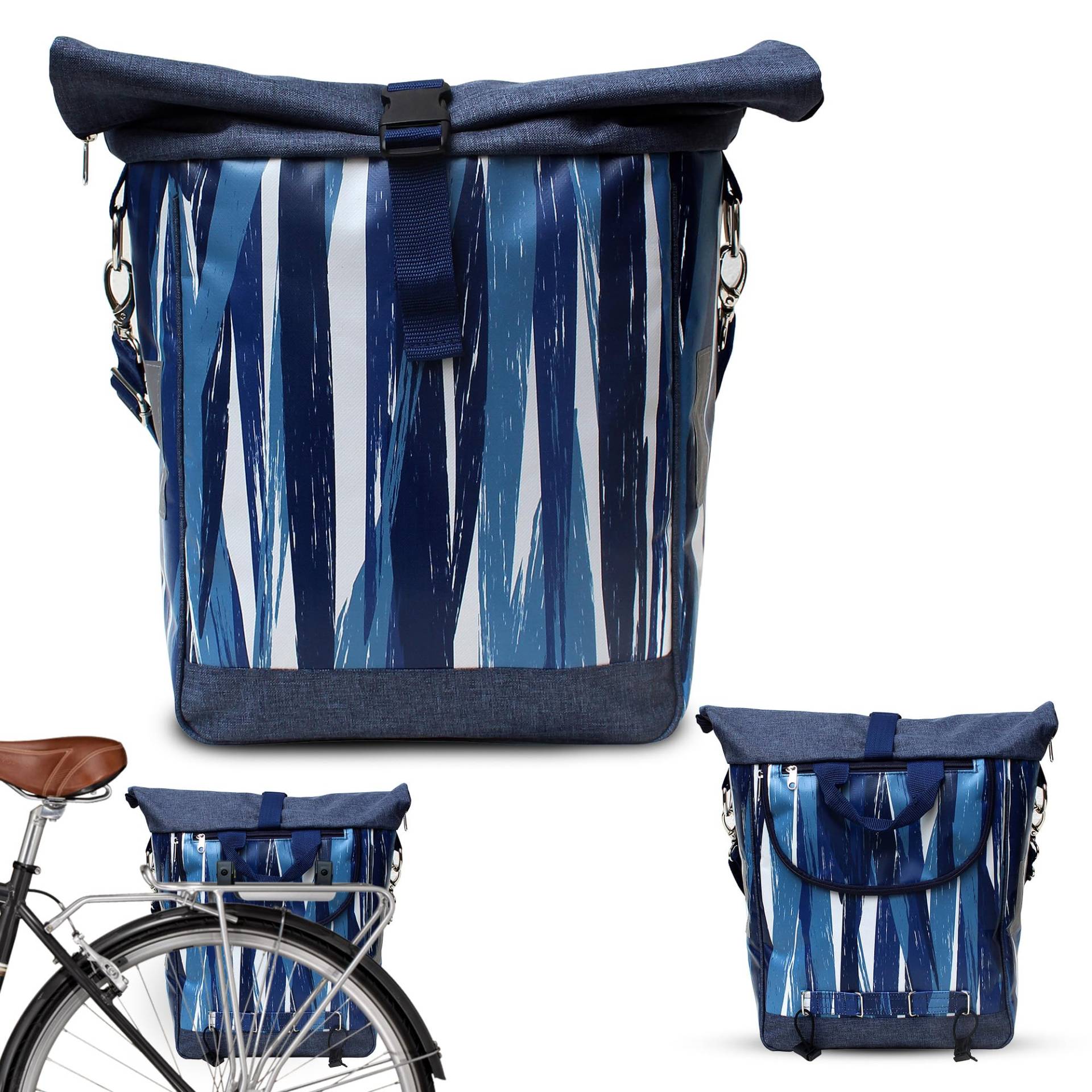 Ikuri Fahrradtasche für Gepäckträger Satteltasche Einzeltasche Packtasche, abnehmbar, mit Tragegurt zum Umhängen, aus Plane, Unisex, Wasserdicht - Modell Indigo von Ikuri
