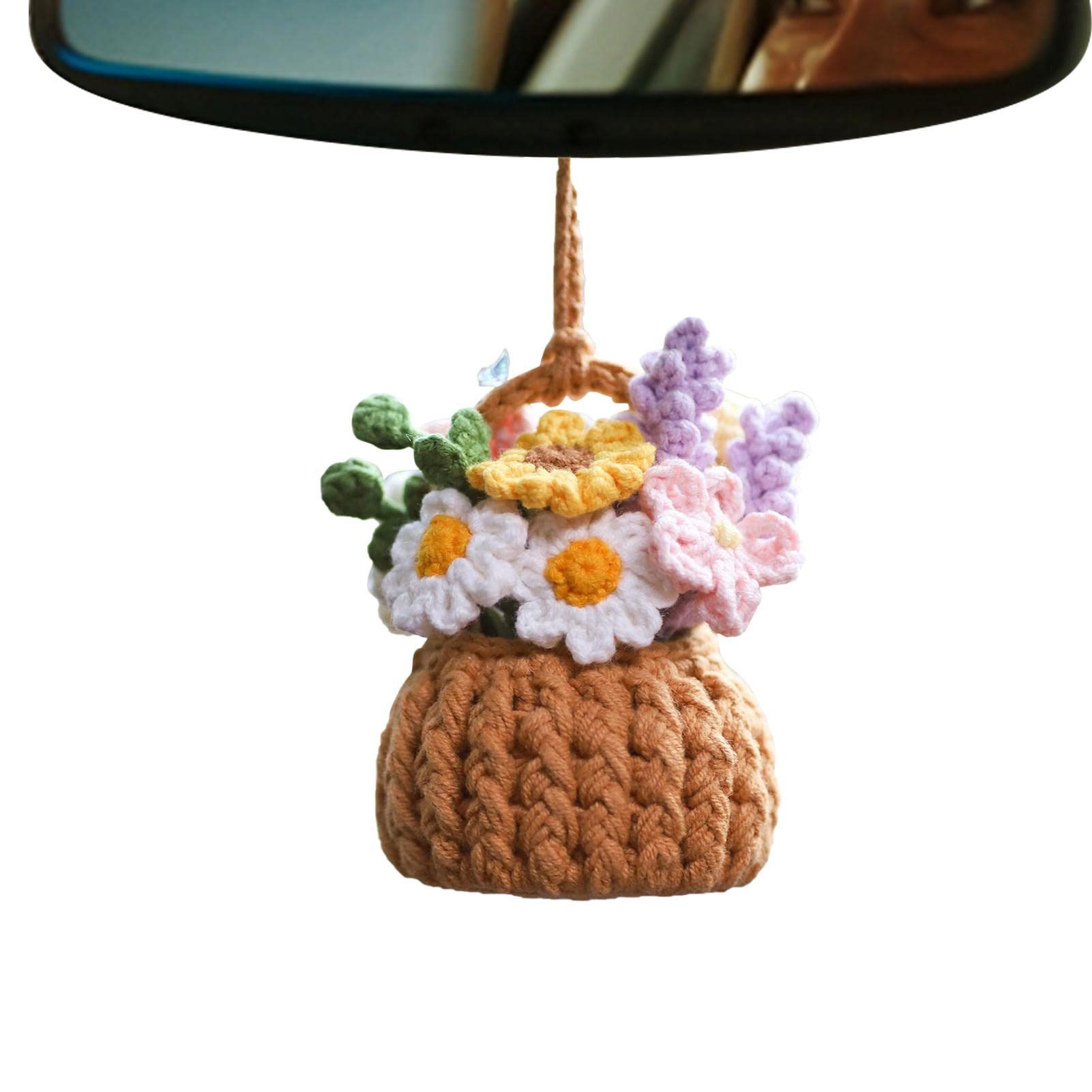 Gehäkelte Blume Rückspiegel Zubehör | Geflochtene Topfpflanzen für Autospiegel - Niedlicher Auto-Anhänger für Damen und Herren, handgefertigt, gestrickter Rückspiegel, ästhetische Verzierung Imtrub von Imtrub
