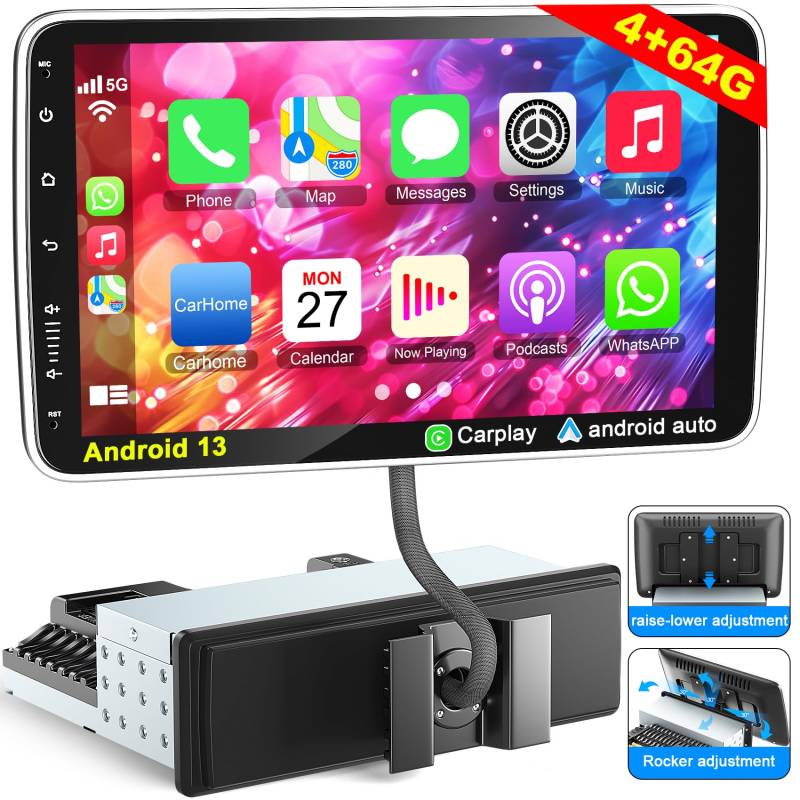 DAB+ Android 13 Single Din Auto Stereo 10.1 Zoll Drehbarer Touchscreen Radio mit Wireless A-pple Carplay Android Auto, GPS Navigation WiFi FM/RDS HiFi Bluetooth Android Radio Head Unit +Backup Kamera von Inexaccessories